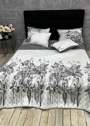 Сатинове літнє покривало з подушками 220х240 євро квіти