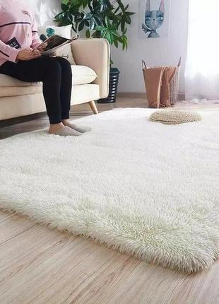 Хутряний килимок травка білий 150х200 см, килимок приліжковий ворсистий