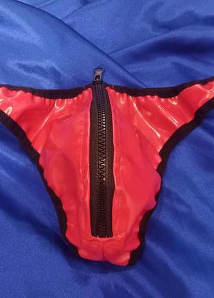 Лакові чоловічі стрінги з доступом на блискавці латекс вінілові латексні труси трусики танга монокін5 фото