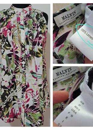 Malvin люкс бренд 100% лён роскошная льняная блузка в райский принт