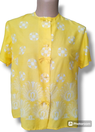 Женская нежная блуза майка топ в японском стиле натурального состава 100% район свободного силуэта желтого цвета цветочного принта винтаж размер м
