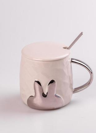 Кухоль керамічний rabbit 300мл з кришкою та ложкою чашка з кришкою чашки для кави бежевий