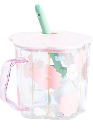 Чашка стеклянная 500 (мл) с ложкой и стеклянной крышкой принт розовый