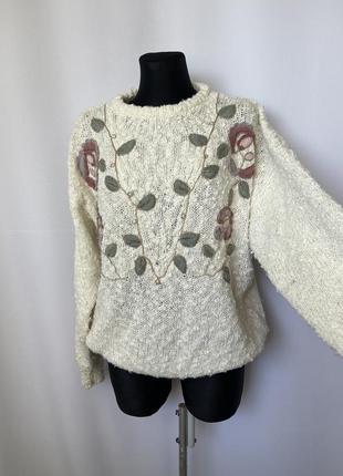 Винтаж свитер джемпер букле белый кремовый с аппликацией цветы розы 80е 90е bydesign premiere