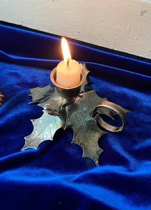 Свічник металевий срібного кольору з листочками вінтаж для свічки дуб маленький подарунок