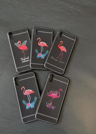 Чехол на iphone x/xs плотный силикон, под кожу, черный с фламинго