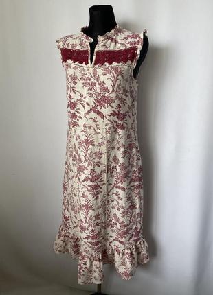 Laura ashley льняное платье летнее без рукавов плотное с красными цветами сарафан стиль романтический наив