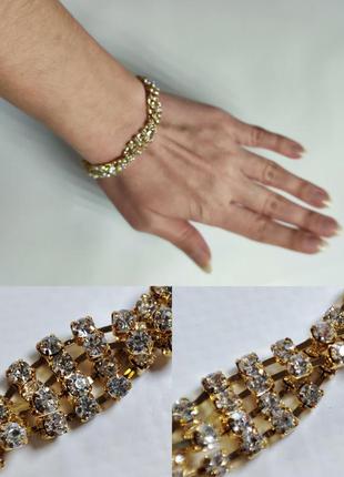 Браслет из камней золотой плетеный металл с камешками бриллиантами стразами на руку браслетик женский днк