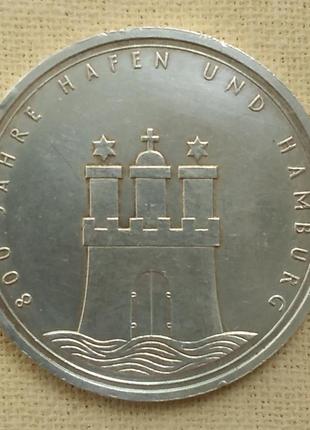 Германия 10 марок, 1989 г -  800 лет гамбургскому порту, серебро