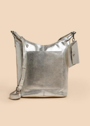 Шкіряна сумка з гаманцем на довгій ручці срібного кольору з ефектом старіння