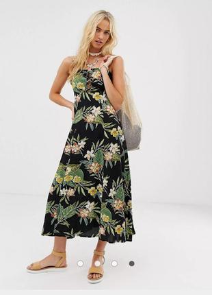 Asos летнее платье черная миди макси с тропическим принтом цветы зелень бални вискоза