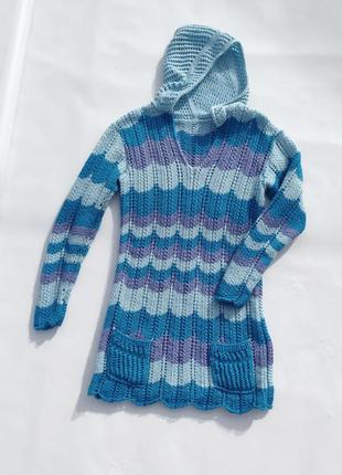 Длинный вязаный свитер ручная работа с карманами и капюшоном