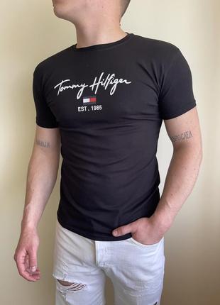 Є післяплата! чорна базова футболка tommy hilfiger з лого на грудях, томмі халфігер, туреччина, принт, логотип, однотонна, стрейчева