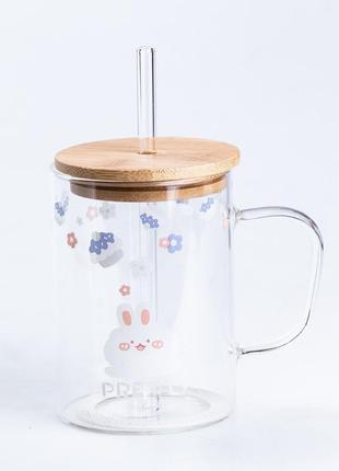 Чашка стеклянная 0.5 (л) с деревянной крышкой и трубочкой орнамент
