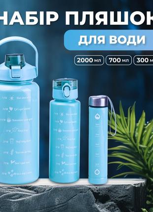 Багаторазова пляшка для води набір 3 в 1 з напувалкою 0.3 (л) 0.7 (л) 2 (л) синий