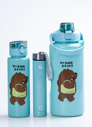 Многоразовая бутылка для воды набор 3 в 1 панда с поилкой и ручкой 0.3 (л) 0.7 (л) 2 (л) мятный