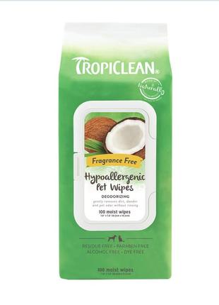 Салфетки tropiclean гипоаллергенные 100 шт. - гипоаллергенные кокосовые салфетки для чистки шерсти животных
