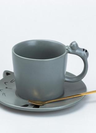 Чашка с блюдцем и ложкой керамическая 250 мл "котик" серая