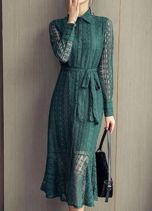 Элегантное платье-рубашка с прозрачным кружевом с длинными рукавами и тонким поясом