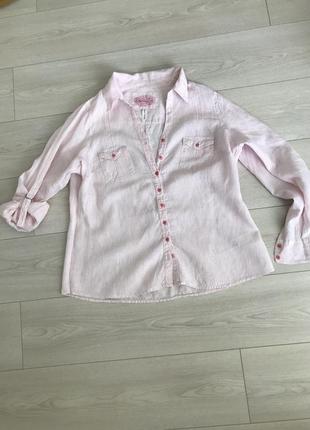 Лляна сорочка в тонку рожеву смужку