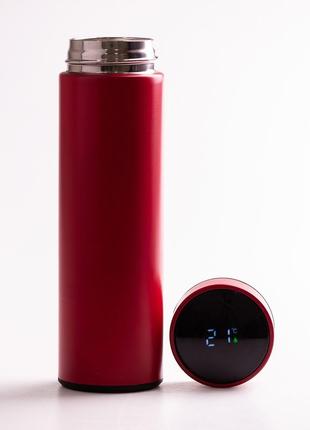Термос с индикацией температуры 500 мл из металлический с широким горлом красный