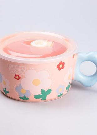 Чашка бульйонниця керамічна 750 мл з пластиковою кришкою "квітка" рожева супниця миска для локшини