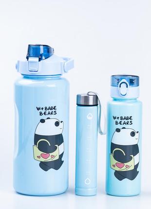 Многоразовая бутылка для воды набор 3 в 1 панда с поилкой и ручкой 0.3 (л) 0.7 (л) 2 (л) синий