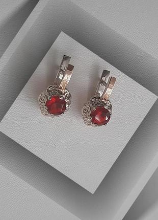 🛍 серьги серебро с золотом фианит красный