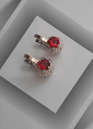 🛍 серьги серебро с золотом фианит красный2 фото