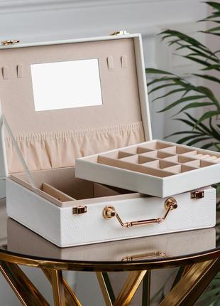 Шкатулка органайзер для украшений бижутерии прямоугольная с зеркальцем чемодан из экокожи белая