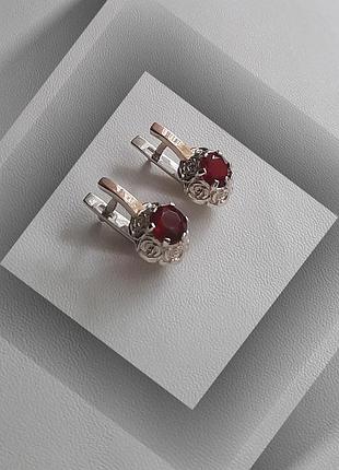 🛍 серьги серебро с золотом фианит красный