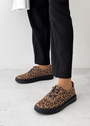 Коричневі леопардові жіночі кросівки кеди мокасини з натуральної шкіри шкіряні леопардові кеди кросівки