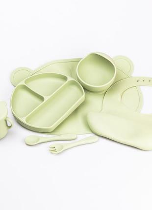 Детский набор силиконовой посуды для кормления ребенка 7 предметов оливковый
