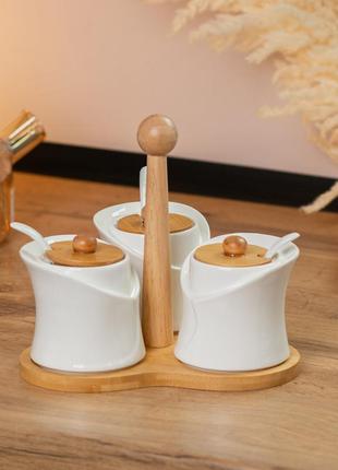 Сервировочный набор для соусов и конфитюра с ложками на бамбуковой подставке 3 шт