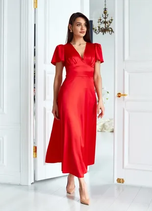 Красное шелковое платье с короткими рукавами длинное приталенное платье из шелка