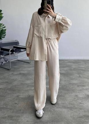 Креповый оверсайз костюм рубашка и широкие брюки палаццо стильный женский комплект