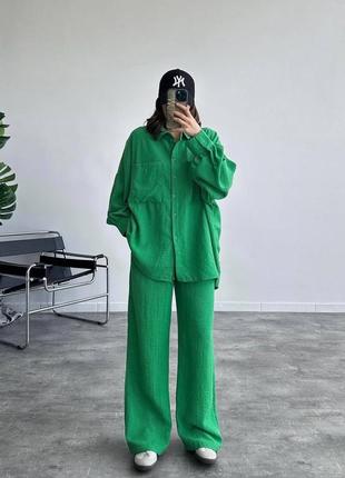 Креповый оверсайз костюм рубашка и широкие брюки палаццо стильный женский комплект