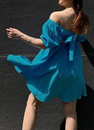 Муслінова сукня міні з короткими рукавами рясною спідницею вільного крою плаття з бантом ззаду стильна коротка чорна біла блакитна