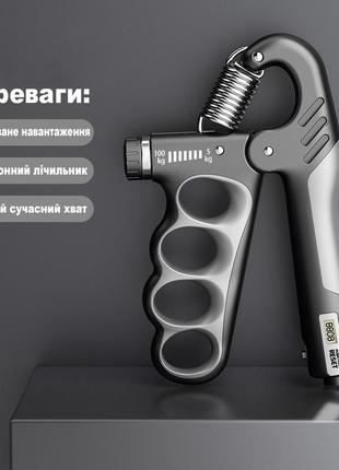 Эспандер кистевой 5-100кг со счетчиком нажатий. регулируемый эспандер для кисти черный с серым