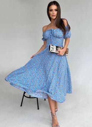 🌈4! шикарна жіноча сукня в квіти міді женское платье миди голубе голубий голубое блакитне блакитний плаття