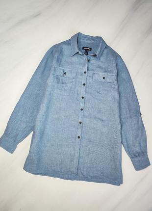 Lands'end 🔥 стильная льняная серо-голубая рубашка с контрастными пуговицами