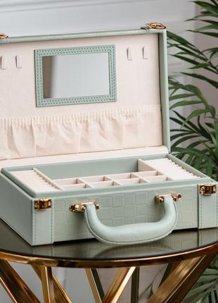 Скринька органайзер для прикрас біжутерії прямокутна 27 х 18.5 х 9 см з дзеркальцем валіза з екошкіри оливкова
