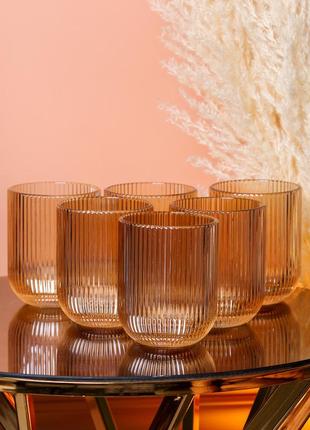 Склянка для напоїв фігурна прозора ребриста з товстого скла набір 6 шт бурштиновий