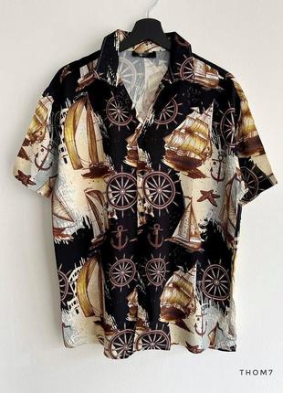 Коричневая гавайская рубашка мужская с принтами