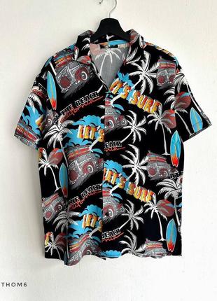Черная гавайская рубашка мужская с принтами