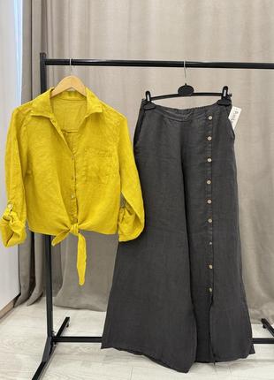 Стильний жіночий комплект льняний костюм брюки палаццо та сорочка