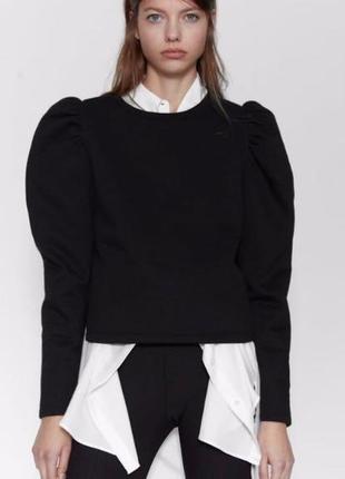 Чорний світшот кофта джемпер светр zara на флісі з об'ємними пишними рукавами