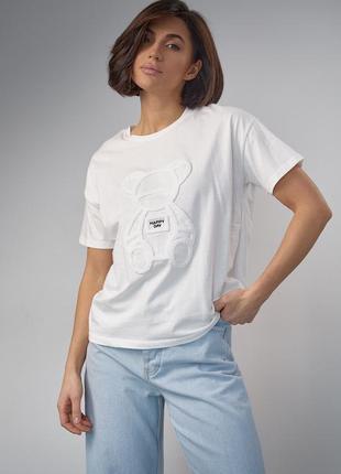 Трикотажная футболка с медвежонком - молочный цвет, s (есть размеры)