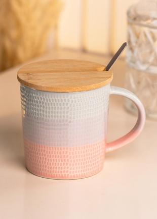 Чашка з бамбуковою кришкою та ложкою керамічна 350 мл рожевий `gr`
