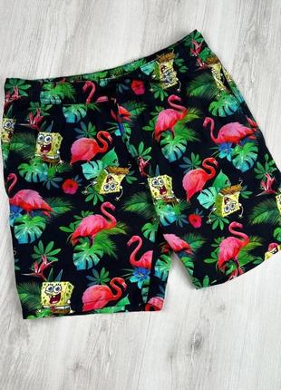 Классные прикольные мужские хлопковые шорты с принтами спучч боба и фламинго